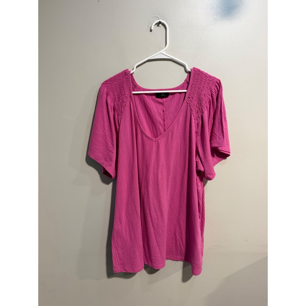 Lane Bryant Pink Ribbed V-Neck Top Smocked Shoulder Short Sleeve Plus Size 22/24